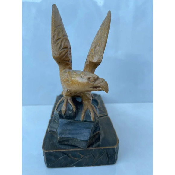 Vintage Wooden Eagle Hand Carved Bird Cigarette Ashtray Figure Brown 4"x 7.5" - Picture 10 of 16